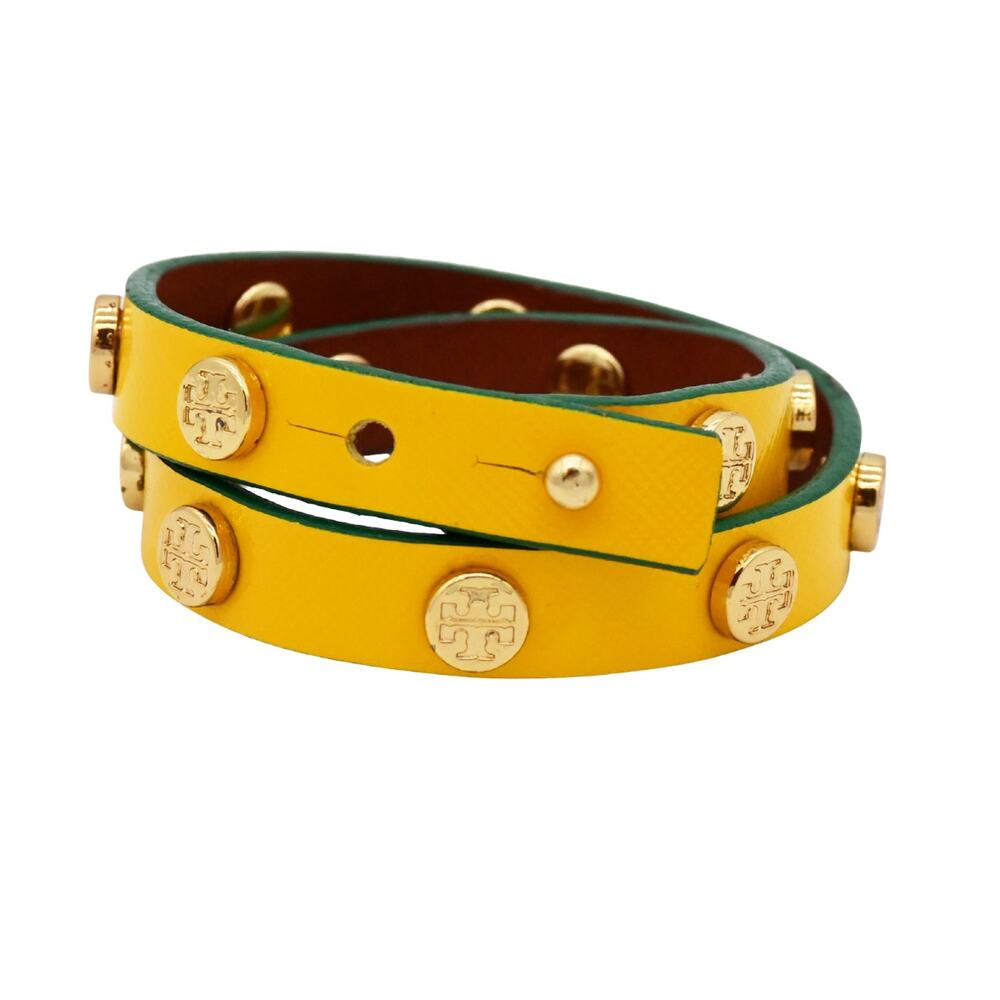 Tory Burch Yellow Green Double Wrap Leather Logo Stud Bracelet